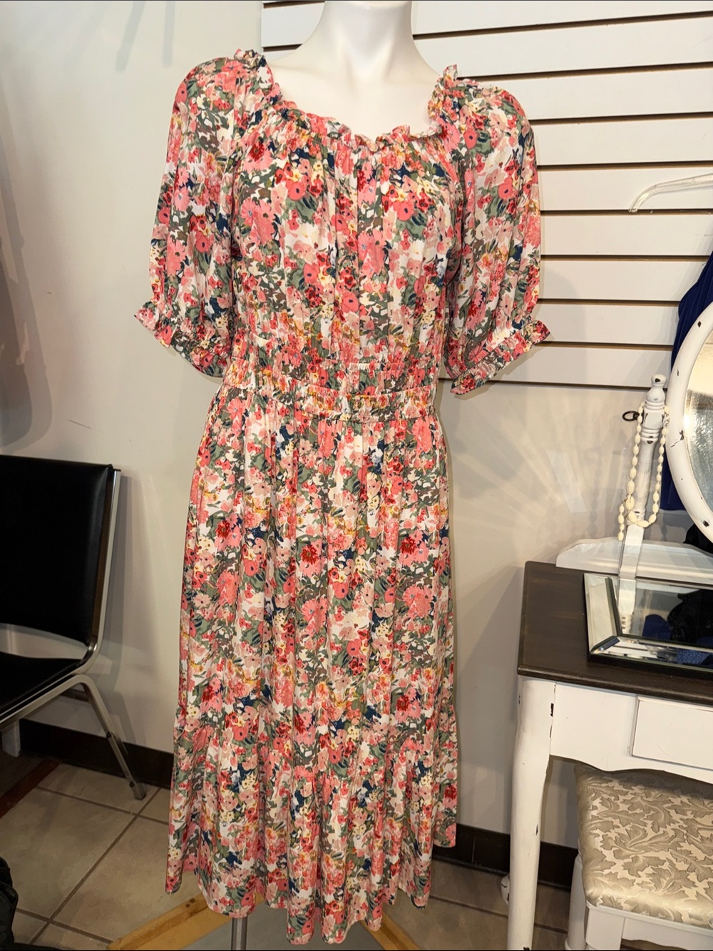 Kate & Sam Floral Ruffle Midi Dress in Pink